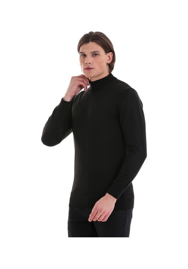 Hatemoğlu Siyah Regular Fit Düz Yarım Balıkçı Yaka Yünlü Triko Kazak Siyah