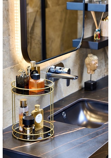 Edora Home Gold İki Katlı Banyo Organizer, Pleksi İki Katlı Düzenleyici - Metal Paslanmaz Gold