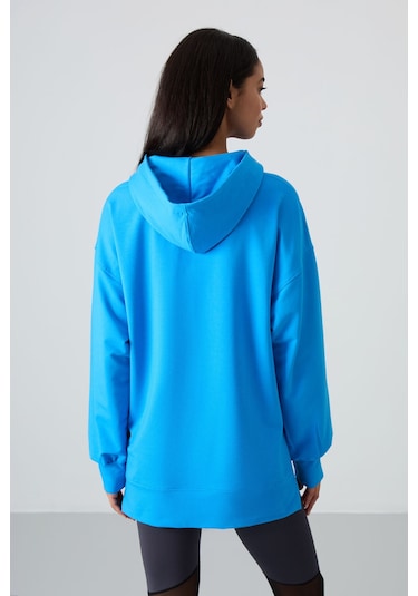 Tommy Life Mavi Balon Kol Yazı Nakışlı Kadın Oversize Tunik Sweatshirt - 97163 Mavi