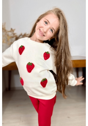 3-10 Yaş Çilek Nakışlı Kız Çocuk Eşofman Takımı Krem Krem