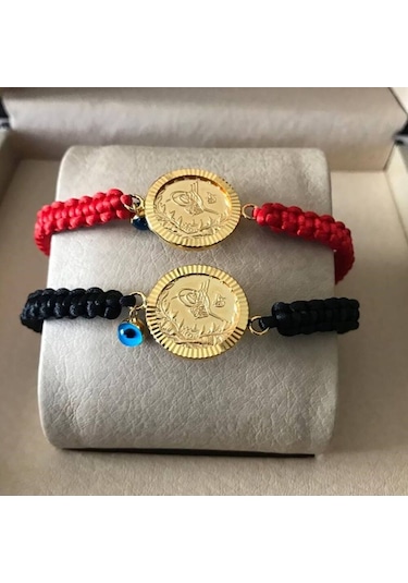 Çeyrek Reşat Altın Bileklik 14K Nazarboncuk (Siyah Ip) Sarı Altın