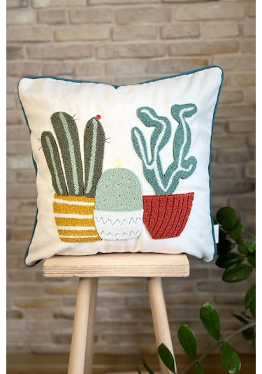 Swita Home Çiftli Kombin Punch İşlemeli Kırlent Kılıfı Panç Beyaz - Yeşil