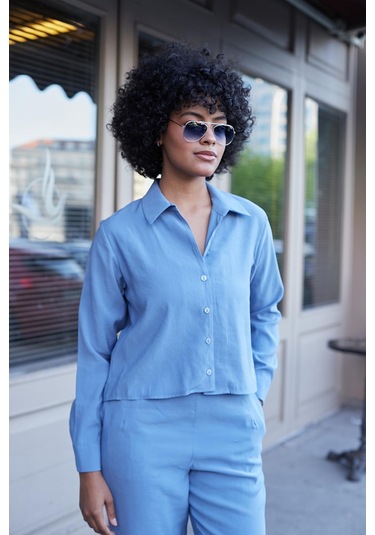 Kadın Likrasız Modal Kumaş Uzun Kol Hafif Kısa Gömlek-indigo Indigo