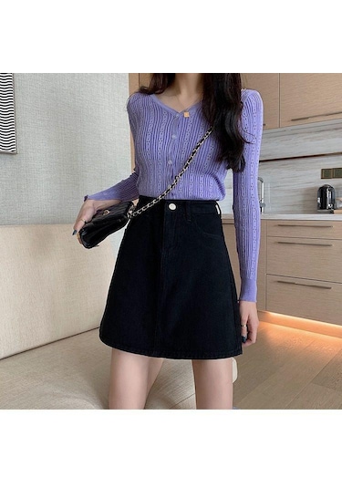 Kadın Etek Popüler Kot Etek Yüksek Bel Kore Kadınlar Için Diz Boyu Kısa Kot Etekler Kayısı