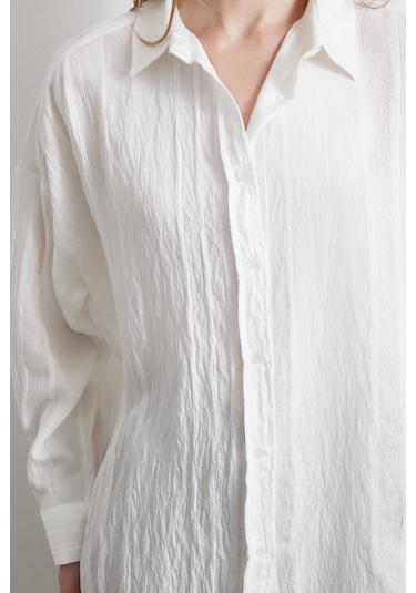 Never More Dantel Detaylı Transparan Pamuklu Gömlek Beyaz Beyaz