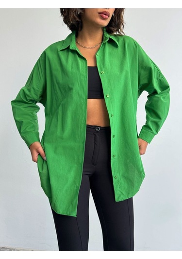 Kadın Oversize Uzun Basic Gömlek Yeşil