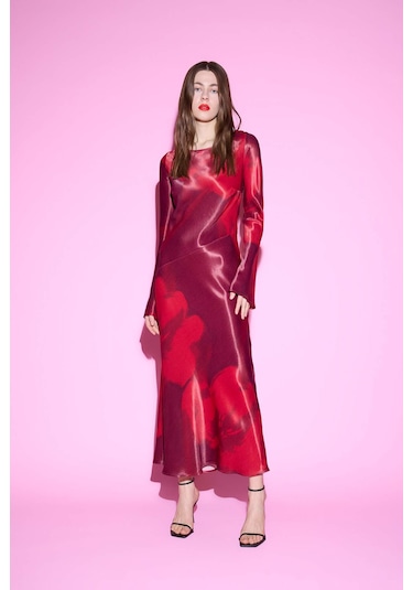 DeFacto Bisiklet Yaka Batik Saten Uzun Kollu Maxi Abiye Elbise E7451AX25SPRD211