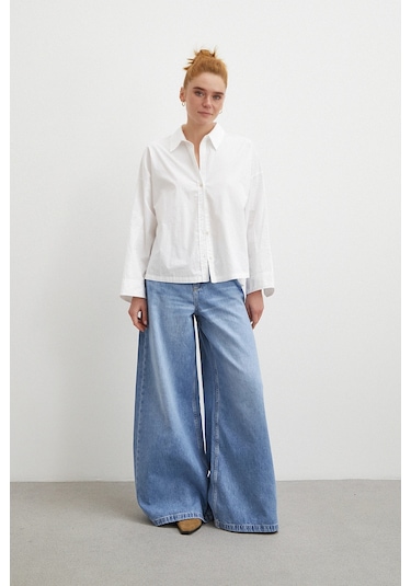 Yüksek Bel Wide Leg Jean Mavi Mavi