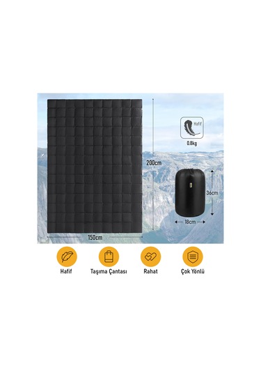 Haegs Kamp Battaniyesi - Dış Mekan Hafif Kompakt Seyahat Yorganı Kamp Yürüyüş Outdoor Şal, Battaniye 200-150 Cm Siyah