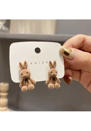 Fastbuy Yeni Tasarım Sevimli Akın Peluş Tavşan Saplama Küpe - Kadınlar İçin Kahverengi Hayvan Ayı Küpe Takı Kahverengi
