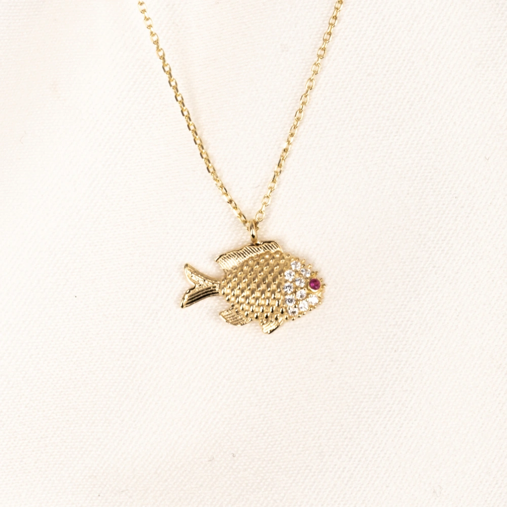 Gümüş Kolye - Taşlı Balık 925 Ayar Gümüş Kolye Sarı