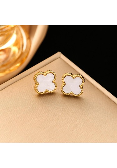 Beyaz Dört Yapraklı Yonca Titanyum Çelik Küpe Yaz Niş Tasarım Yüksek Dereceli Küpe Duygusu Mizaç Bayanlar Küpe