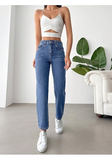 Yüksek Bel Koyu Yıkamalı Kadın Denim Pantolon Mavi