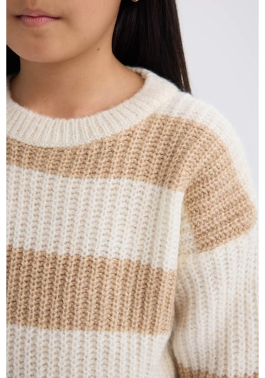 DeFacto Kız Çocuk Çizgili Bisiklet Yaka Triko Kazak A6009A824WNBG387 Bej