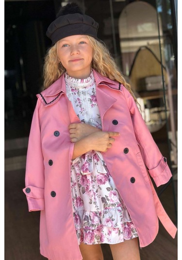 Riccotarz Kız Çocuk Üzeri Dantel İşlemeli Elbise Çift Cep Detaylı Kemerli Pembe Trençkot Pembe