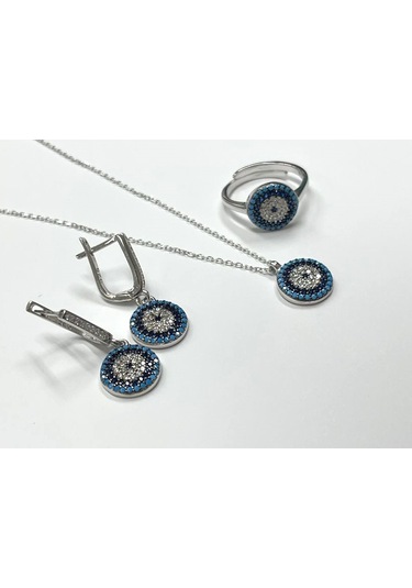 Silver Point Zirkon Taşlı Nazar Boncuk Set Gümüş