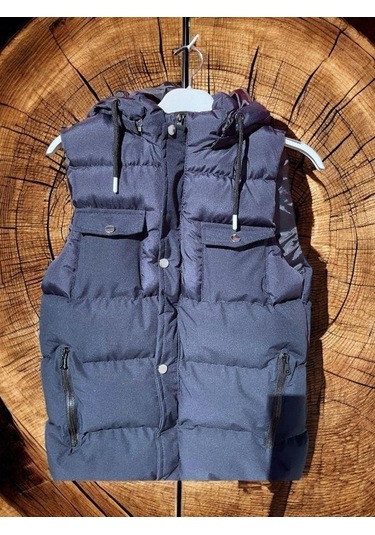 Çocuk Kapüşonlu Cep Detaylı Şişme Kalın Yelek-15008 Lacivert