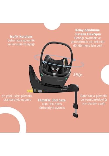 Maxi-Cosi Coral 360 Dönebilir 2'si Bir Arada Modüler Ana Kucağı ve Oto Koltuğu Essential Black