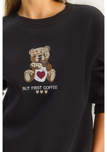 Shade Kadın Teddy Nakış Detaylı Üç İplik Şardonlu Sweatshirt 60601044 - Siyah