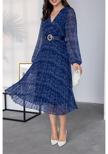 Neşeli Butik Kadın Kemerli Puantiye Desenli Şifon Elbise Nbmy3286 Mavi