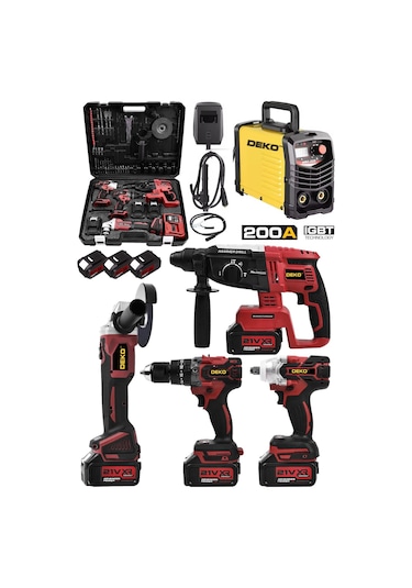 Deko DKW200 200A İnvertör Kaynak Makinesi + Muhteşem 4'lü Matkap + Kırıcı Delici + Somun Sıkma + Taşlama Makinesi