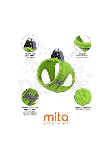 Mita Air Mesh Kedi Köpek Göğüs Tasması Çift Reflektörlü, Terletmeyen Neon Yeşil