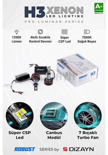 S-dizayn Pro Luminar H3 Led Xenon / 60w / 12000lm / 7000k A+ Kalite