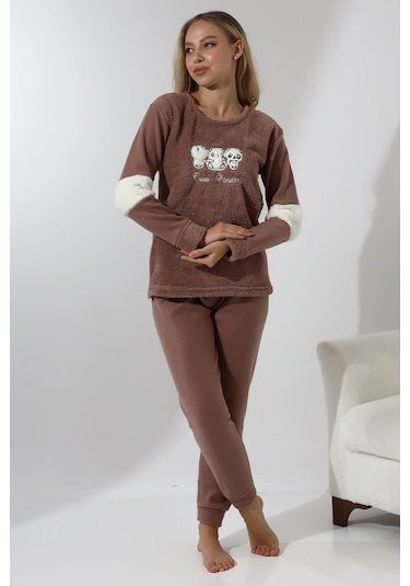Fawn 5024 Peluş Welsoft Polar Kışlık Yumoş Kadın Pijama Takımı Vizon