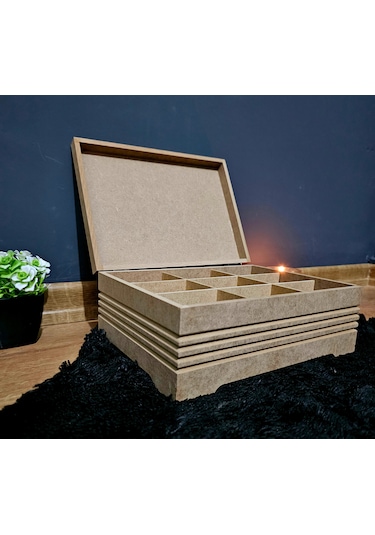 Ahşap 9 Bölmeli Büyük Boy Takı Saat Aksesuar Kutusu Fitilli Model