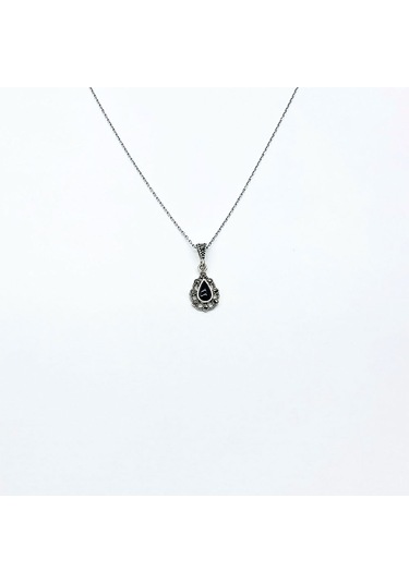 Damla Model Zirkon Ve Oltu Taşı İşçilikli 925 Ayar Gümüş Kolye Gümüş