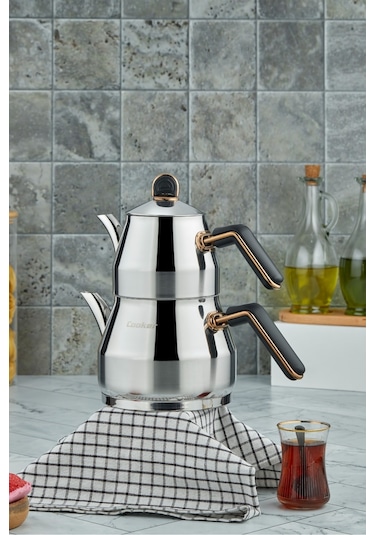 Everest 18/10 Paslanmaz Çelik Orta Boy Çaydanlık 0,75 L Demlik 1,75 L Alt Hazne Siyah