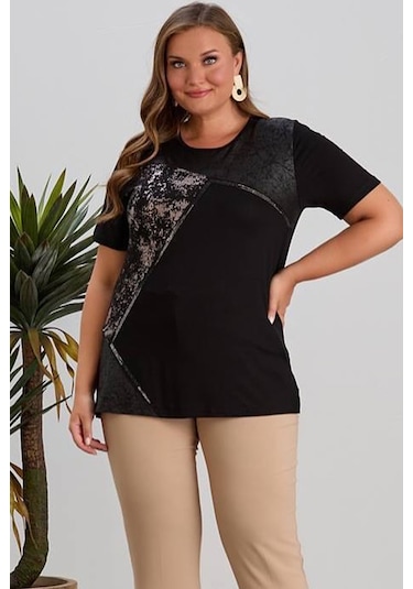 Wearon Kadın Yezra Deri Varak Taş Detaylı Penye Siyah Tişört Siyah