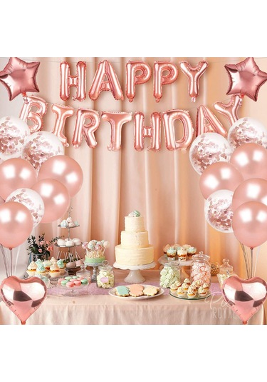 Vkemall Gül Altın Renkli Doğum Günü Partisi Dekorasyon Seti - Lateks Ve Aluminyum Folyo Balonlar İle Unutulmaz Parti Stili