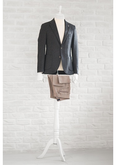 Slimfit Torba Cep Çizgili Mono Yaka Astarsız Çift Yırtmaç Likralı Kışlık Erkek Tek Ceket 001