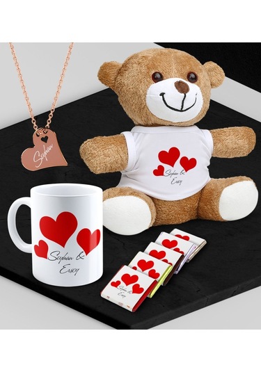Kişiye Özel Sevgili Peluş Ayı Kupa Madlen Çikolata Ve Rose Kalp Kolye Set - 90