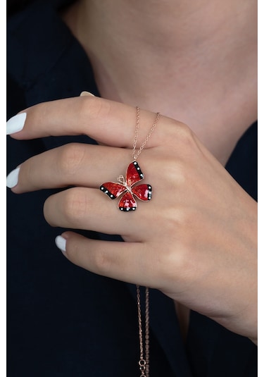 Gümüş Kırmızı Mineli Kelebek Kolye Wsn269