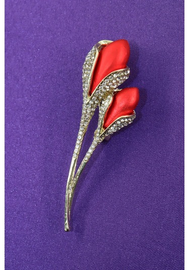 Lale Tomurcuğu Broş. Taşlı Tasarım Lale Broş. Yaka İğnesi Lale Broş. Kadın Broş. Broş. Lale Broş. Altın - Kırmızı