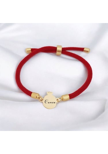 Cansu İsmine Özel İpek Örgülü 14 Ayar Altın Plakalı Nar Motifli Hediye Bileklik-323isim-kırmızı Altın