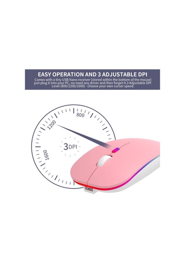 2.4g Şarj Edilebilir Kablosuz Fare Ergonomik Usb Alıcılı Daha Az Gürültülü Fare Pembe Diğer