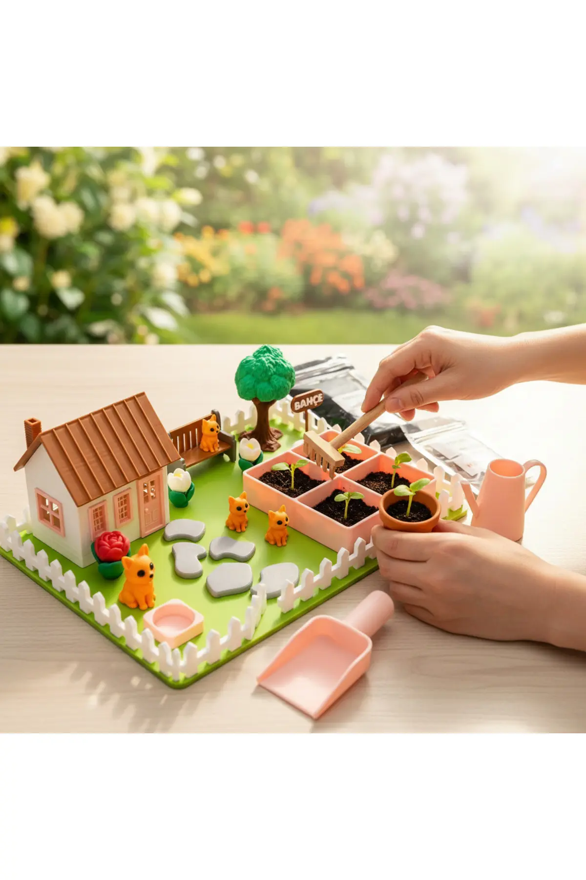 Kutpia Mini Bahçe Çocuk Oyun Ve Eğitim Seti 25x19cm - Sevimli Kediler Pembe