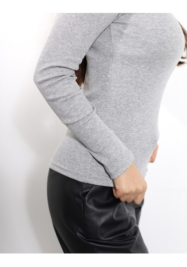 Kaşkorse Yarım Boğaz Body Sweatshirt, Fitilli Kumaş, Likralı, Bordo Gri Melanj