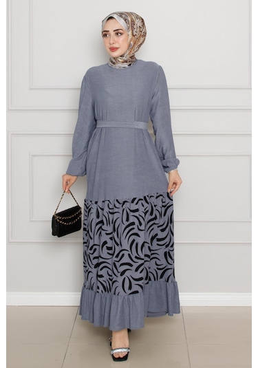Eteği Desenli Karin Elbise-gri-4273-gri Gri