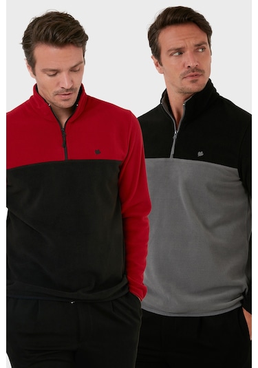 Buratti Regular Fit Anti-Pilling Tüylenme Yapmayan Dik Yaka Şardonlu 2'Li Paket Erkek Polar 5906016S2 Bordo-Siyah