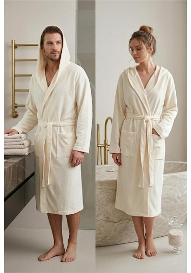 Soft Comfort Lacost Örgü Unisex Kapüşonlu Bornoz Ekru