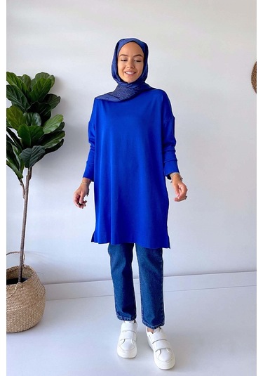 Dik Yaka Merserize Tunik - Saks Saks Mavi