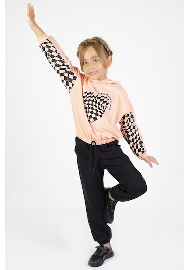 Kız Çocuk İki İplik Kumaş Orta Kalınlıktaa Baskılı Örme Basic Eşofman Takımı Somon