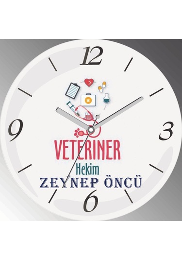 Kişiye Özel Veteriner Hekim Çap 30cm Sessiz Akar Bombeli Gerçek Cam Duvar Saati Siyah