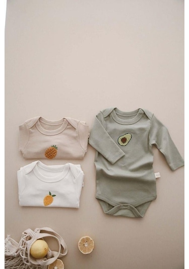 3lü Nakışlı Çıt Çıtlı Uzun Kollu Body-zıbın Model 3 Vizon