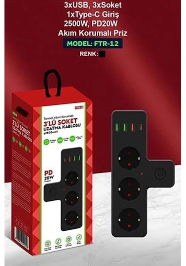 3'lü Akım Korumalı Priz Çoğaltıcı 2500w / 3xusb 2.4a / Pd Hızlı Ş Diğer