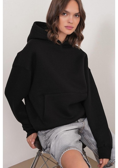 Mixray 2022 Unisex 3iplik Basic Polarlı Kapüşonlu Sweatshirt Hoodie Siyah